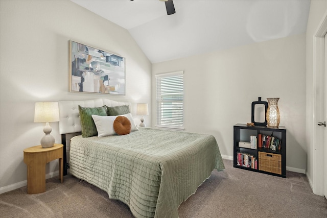 bedroom with ceiling fan, carpet, baseboards, and vaulted ceiling