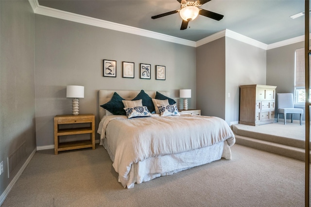 bedroom featuring crown molding, visible vents, and carpet flooring