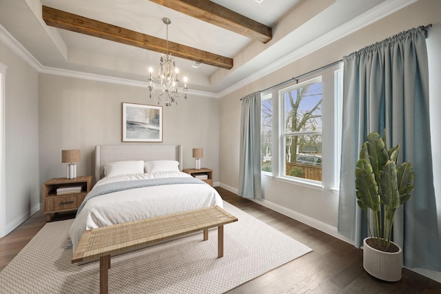 bedroom with dark wood-style floors, a notable chandelier, beam ceiling, and baseboards