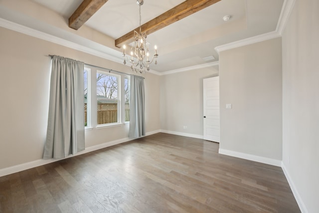 empty room featuring wood finished floors, baseboards, beam ceiling, an inviting chandelier, and crown molding