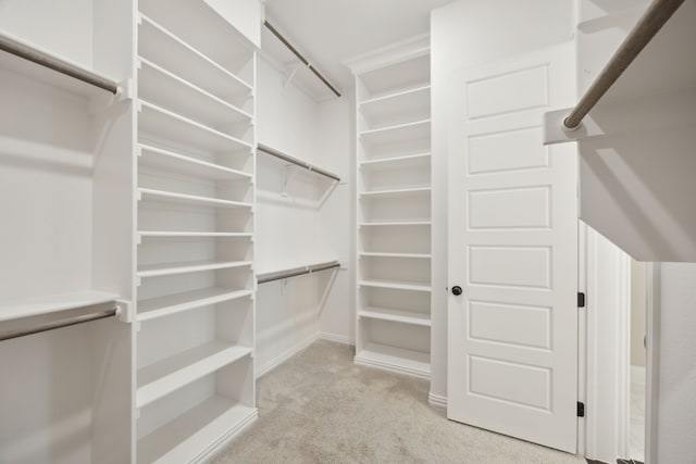 walk in closet with light colored carpet