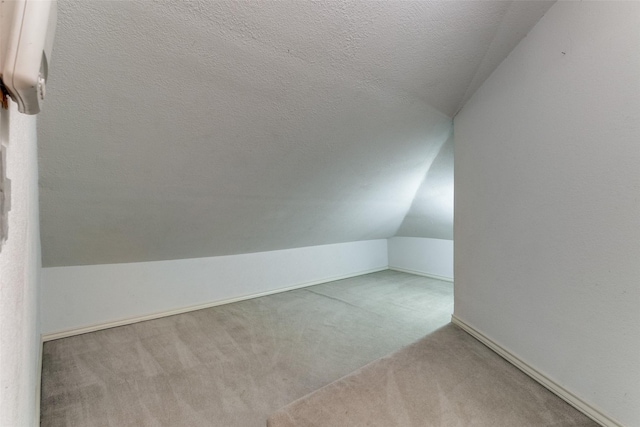 additional living space with a textured ceiling, baseboards, carpet flooring, and lofted ceiling