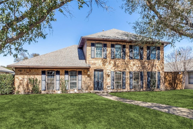 view of front of house with a shingled roof, a front yard, and brick siding