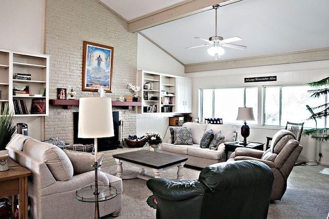 living room featuring carpet floors, beam ceiling, a fireplace, a ceiling fan, and high vaulted ceiling