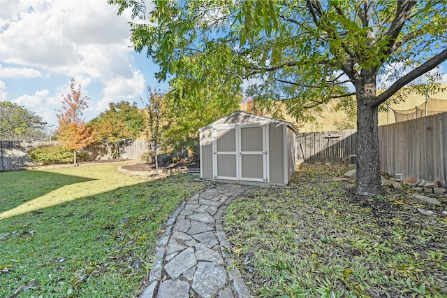 view of yard featuring a fenced backyard, an outdoor structure, and a storage shed