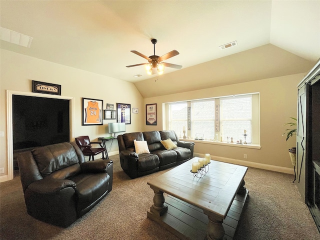 living room featuring lofted ceiling, carpet, visible vents, and baseboards