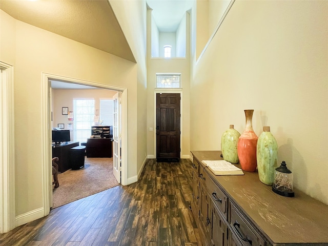 foyer featuring dark wood-style flooring, a towering ceiling, and baseboards