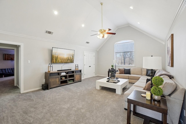 carpeted living area featuring visible vents, crown molding, baseboards, recessed lighting, and a ceiling fan