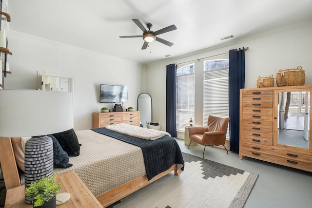 bedroom with ceiling fan, visible vents, carpet floors, and ornamental molding