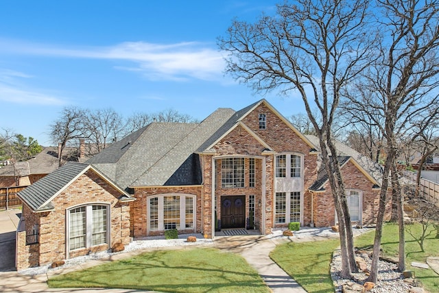 view of front of home featuring a front lawn, a chimney, brick siding, and a shingled roof