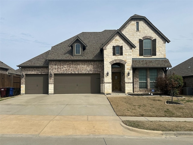 french country inspired facade with brick siding, a shingled roof, an attached garage, stone siding, and driveway