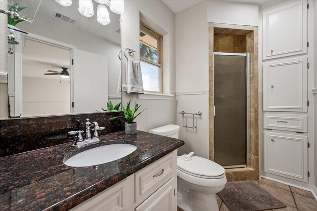 2013 Glenwood Cir, Corsicana, TX 75110 - full bath with a stall shower, vanity, toilet, ceiling fan, and tile patterned floors
