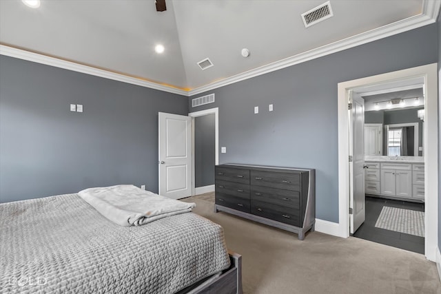 carpeted bedroom with lofted ceiling, visible vents, and ornamental molding