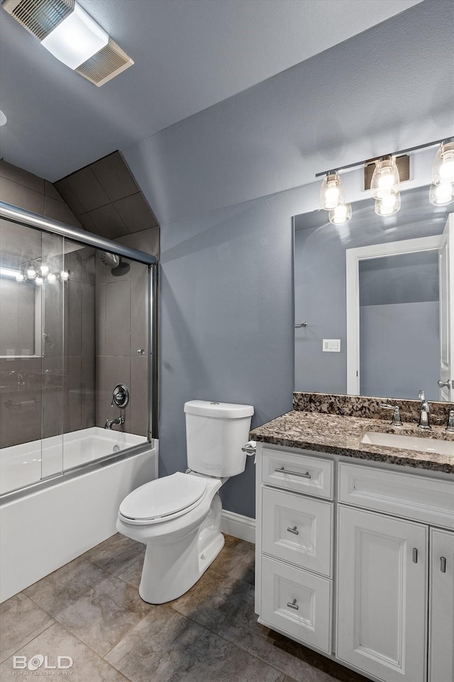 full bath with combined bath / shower with glass door, visible vents, toilet, and vanity