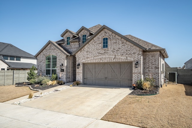 french country home with driveway, brick siding, an attached garage, and fence