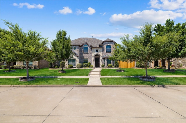 french country inspired facade featuring stone siding and a front lawn