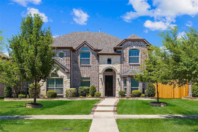 view of front facade featuring a front yard, stone siding, brick siding, and fence