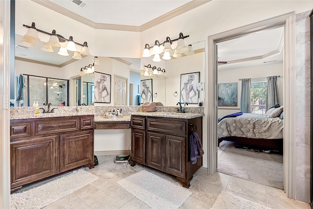 bathroom with double vanity, a stall shower, ensuite bath, and crown molding