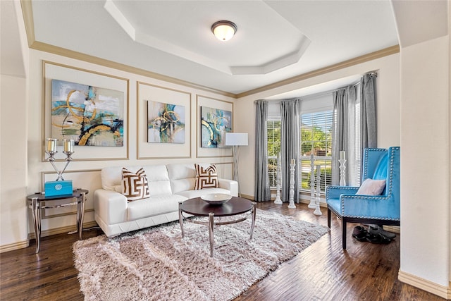 living room featuring crown molding, a tray ceiling, wood finished floors, and baseboards