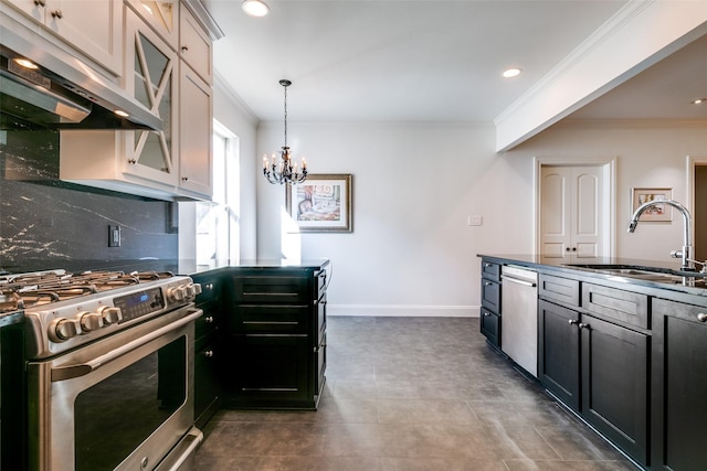 kitchen with appliances with stainless steel finishes, a sink, under cabinet range hood, and ornamental molding