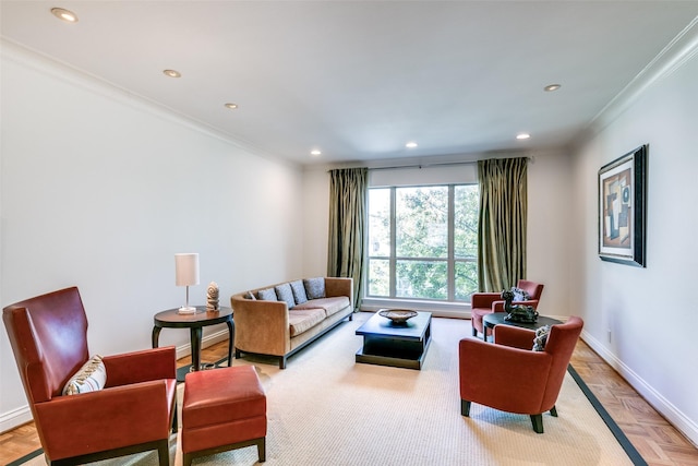 living room featuring ornamental molding, recessed lighting, and baseboards