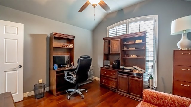 home office with dark wood-style floors, ceiling fan, lofted ceiling, and baseboards