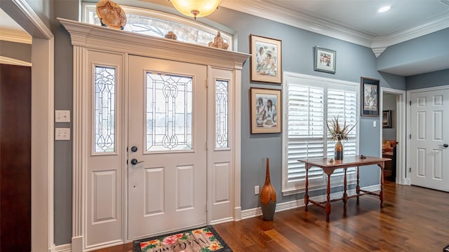 entrance foyer featuring baseboards, dark wood-type flooring, and crown molding