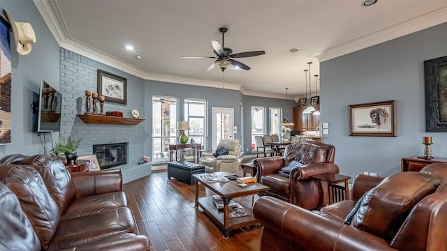 living area with dark wood-style floors, ceiling fan, a fireplace, and crown molding