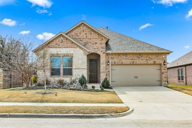 french provincial home featuring a shingled roof, brick siding, driveway, and an attached garage