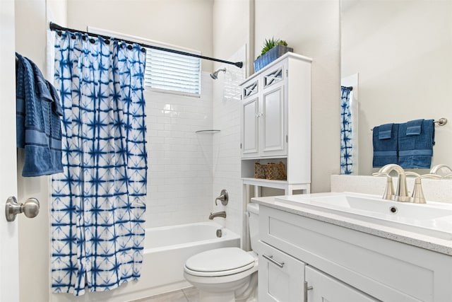 full bathroom featuring toilet, tile patterned floors, shower / bath combination with curtain, and vanity