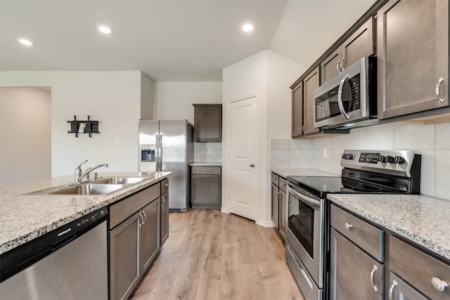 kitchen with a sink, stainless steel appliances, dark brown cabinets, light wood-type flooring, and backsplash