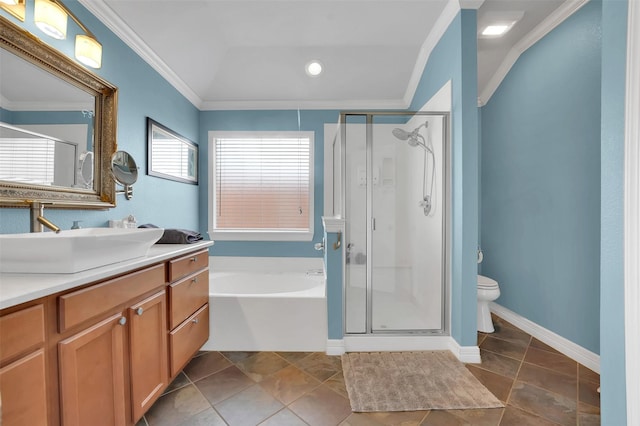 full bathroom featuring ornamental molding and a stall shower