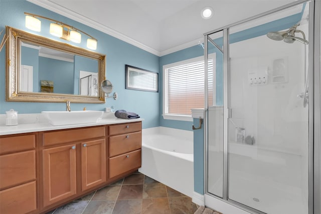 full bath featuring recessed lighting, vanity, a shower stall, a bath, and crown molding