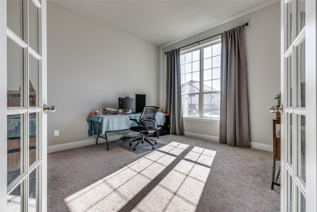 office area with french doors, carpet flooring, and baseboards