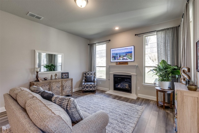 living area with a healthy amount of sunlight, visible vents, and wood finished floors