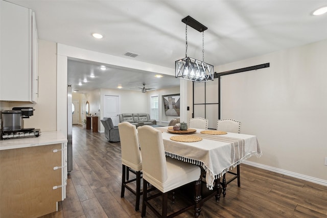 dining space with baseboards, visible vents, a ceiling fan, dark wood-style floors, and recessed lighting