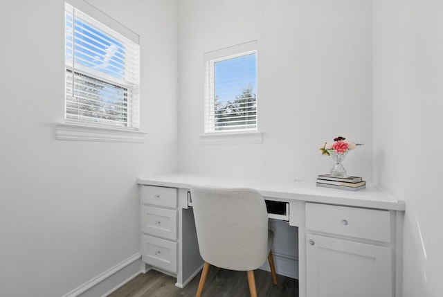 office featuring built in study area, baseboards, and wood finished floors