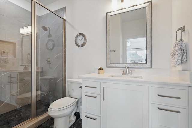 bathroom with vanity, toilet, and a shower stall