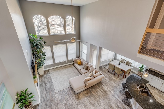 living room with wood finished floors and a towering ceiling