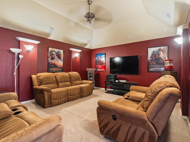 carpeted living room with lofted ceiling, ceiling fan, visible vents, and baseboards