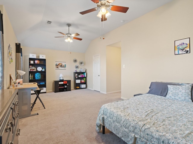 bedroom with lofted ceiling, ceiling fan, light carpet, visible vents, and baseboards