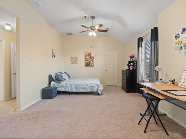 bedroom with visible vents, a ceiling fan, light carpet, vaulted ceiling, and baseboards