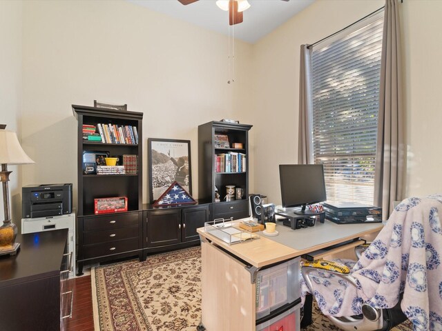 office with ceiling fan and wood finished floors