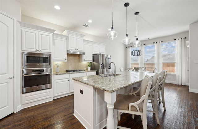 kitchen with visible vents, decorative backsplash, appliances with stainless steel finishes, a sink, and under cabinet range hood