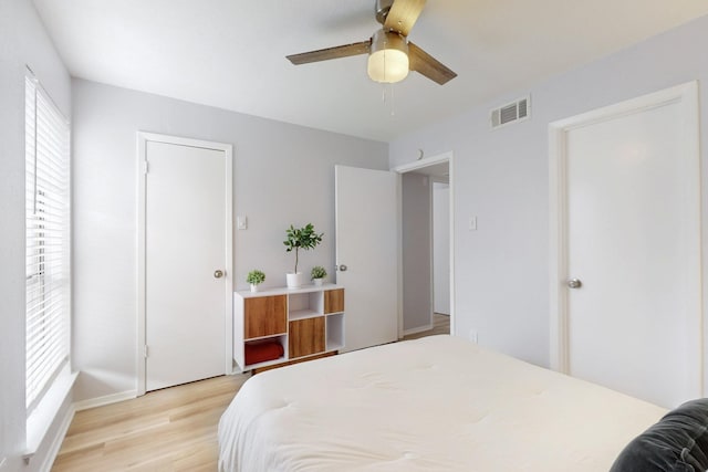 bedroom with visible vents, ceiling fan, and light wood-style flooring