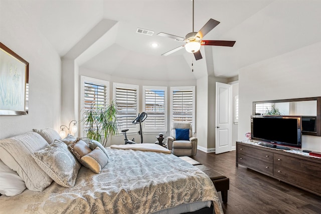 bedroom featuring recessed lighting, visible vents, dark wood-type flooring, a ceiling fan, and baseboards