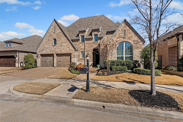 view of front of property featuring concrete driveway, brick siding, and a shingled roof