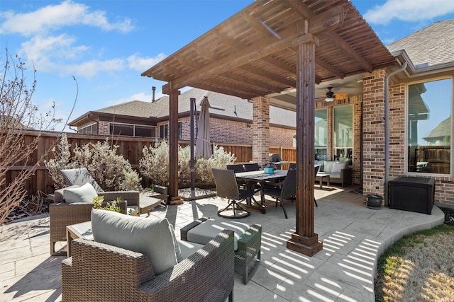 view of patio / terrace with outdoor dining area, outdoor lounge area, a fenced backyard, and a pergola