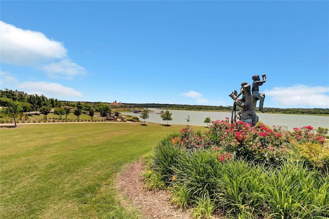 view of community featuring a water view and a lawn