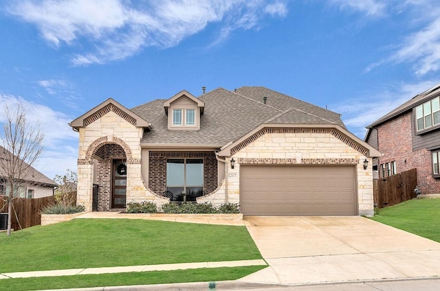 french country home featuring fence, concrete driveway, roof with shingles, a front yard, and a garage